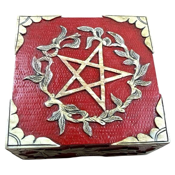 Vintage Red Soapstone Pentagram Box 🪄 Wicca Jewelry Altar Trinket Decor - Picture 2 of 6